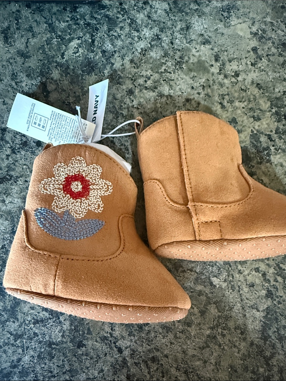 Old Navy Tan Suede-Look Baby Booties with Flower Embroidery